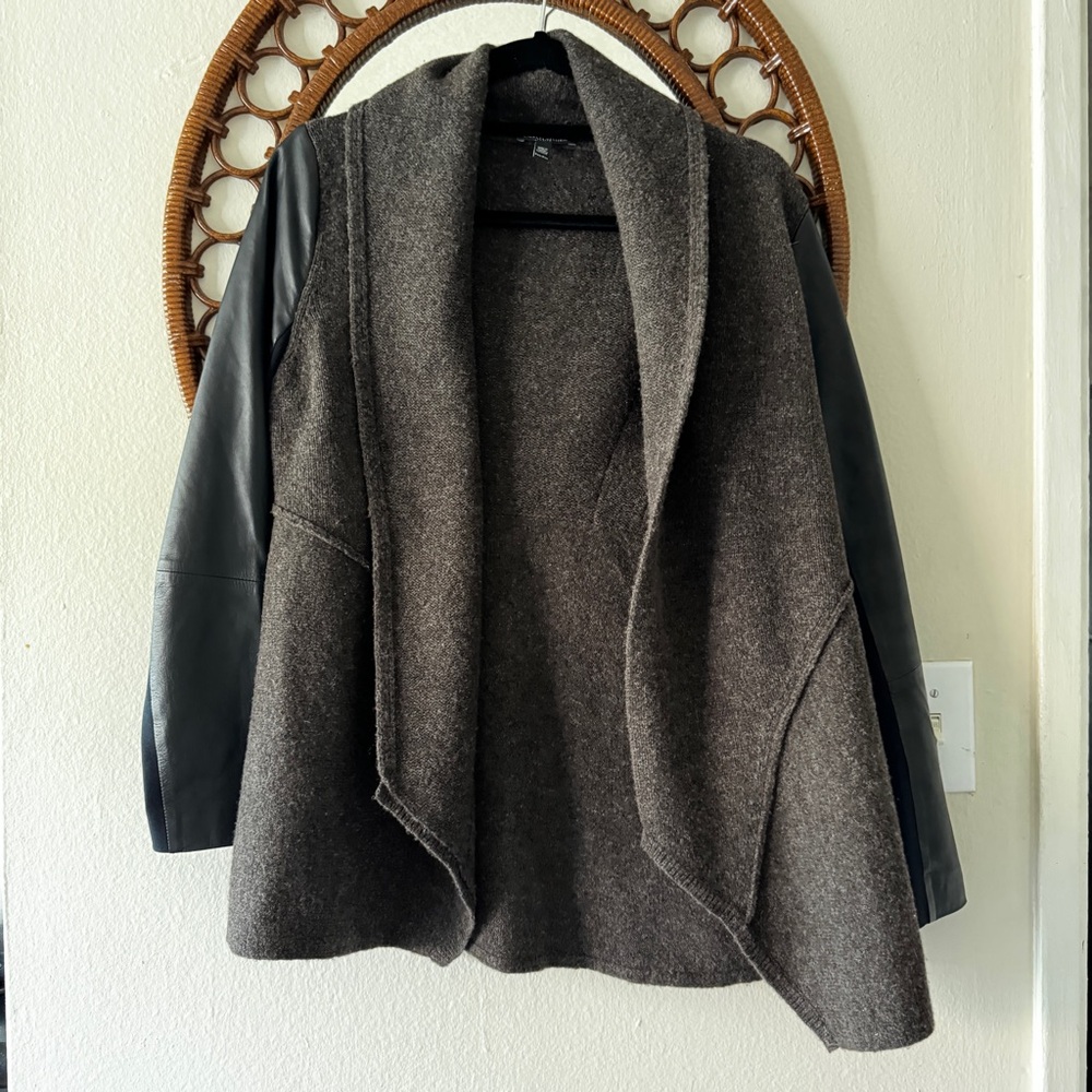Eileen Fisher PEAT Leather Sleeve Merino Lambswool Shawl  Jacket SZ PM